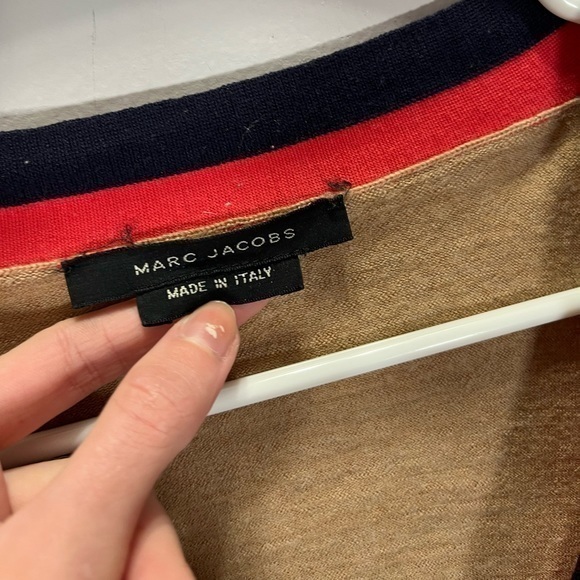 Marc Jacobs Women’s Tan Red Striped 100% Wool Button Front Cardigan Sweater - Picture 13 of 13